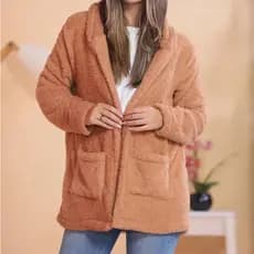 Cardigan Teddy Feminino Longo Casaco Peluciado Com Capuz e bolso Tendência inverno