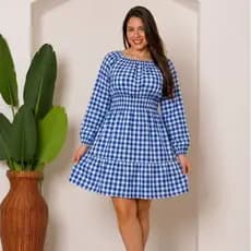 Vestido Festa Junina Feminino Xadrez Crepe Manga Longa Com Elastex Lindo