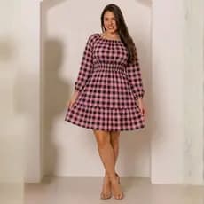 Vestido Curto Xadrez Tecido Crepe Manga Longa Lastex Na Cintura Crepe Outono Inverno Confortável