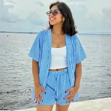 Conjunto Feminino Crepinho Listrado Kimono E Short Verão Soltinho Confortável Moda Blogueira⁠
