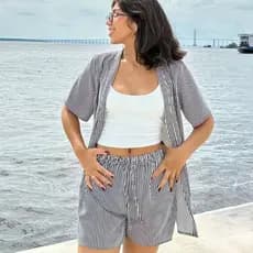 Conjunto kimono E Short Crepinho Listrado Feminino Saída De Praia Casual Verão⁠