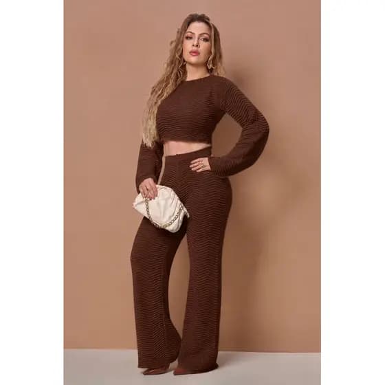 Conjunto Tricot Calça Flare Conjunto De Frio Feminino Cropeed Manga Longa