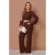 Conjunto Tricot Calça Flare Conjunto De Frio Feminino Cropeed Manga Longa
