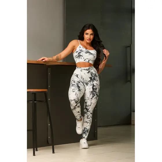 Conjunto Feminino Academia Esportivo, Legging e Top Tie Dye Modelador