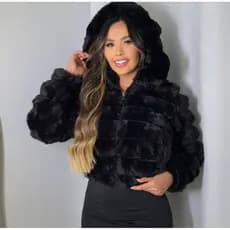 Jaqueta Puffer Tedy Feminina Peluciada, Casaco Veludo Feminina Com Capuz Removível