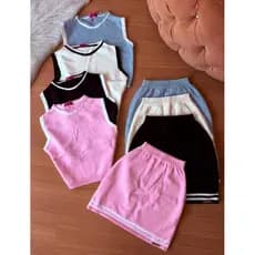 Conjunto Colegial Feminino, Conjunto Modal Listras Short Saia Tricôt Premium