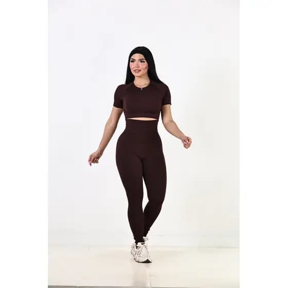 Conjunto Sem Costura Canelado, Conjunto Esportivo Academia, Cropped Manguinha