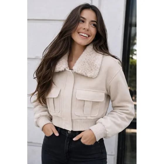 Jaqueta Cropped Lã Batida Premium Forrada, Casaco Quentinho Feminino Estiloso Moda Blogueira