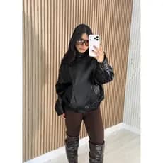 Jaqueta de Couro PU Oversized Feminina Estilosa Quentinha Moda Gringa Blogueira Casaco Jaqueta Larga Couro PU