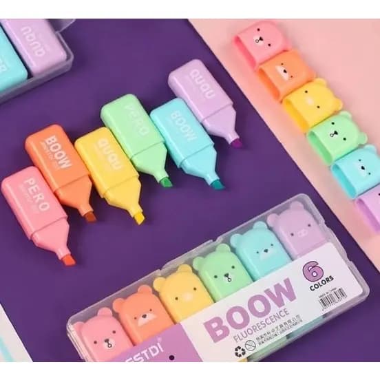 Kit de Marca Texto Marcadores de Texto com 6 unidades Em Estojo Kawaii Boow Fluorescence