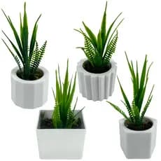 Kit Aleatório - 4 Mini Vasinhos em Cores e Modelos de Plantas Artificiais Sortidas