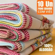 Kit 10 Panos de Prato Estampados 100% Algodão Grosso com Viés Reforçado 65x40 cm