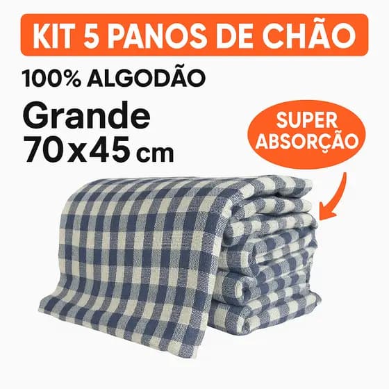 5 Panos de Chão Xadrez Grande 70x45cm – Algodão Reforçado, Super Absorvente e Durável, Kit Multiuso Limpeza