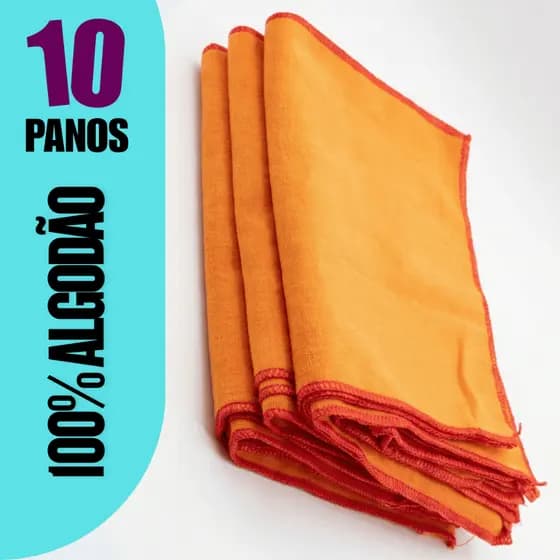Kit 10 Flanelas de Limpeza Laranja 38x28cm Algodão | Cantos Reforçados Overloque | Multiuso Casa e Carro