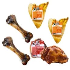 Kit Petisco para caes Osso mordedor 2 Orelha Bovina 2 Femur suino 2 Rotula  desidratado 100% natural