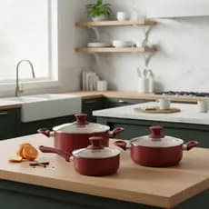 Jogo de Panelas e Caçarola Com Revrstimento Cerâmica Antiaderente 3 Pçs Creme Preto Vermelho