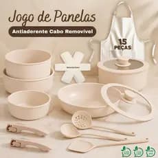 Jogo de Panelas 15 Peças Forno Fogão Indução Elétrico Gás Conjunto Com Tampa De Vidro e Cabo Removível Antitérmico