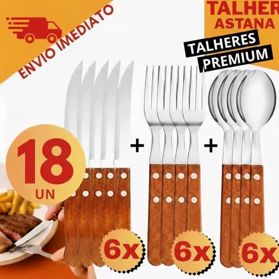 Jogo de Talheres Cabo Madeira 18 peças Aço Inox  6 Facas 6 Garfos e 6 Colheres de Mesa Casa e Restaurante