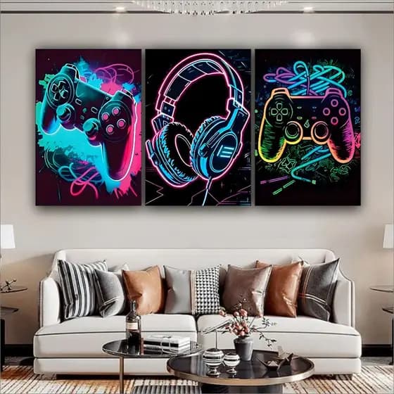 Quadro decorativo 3 peças 40x60 Abstrato Gamer controle fone decoração mdf para casa sala quarto hall interiores md187