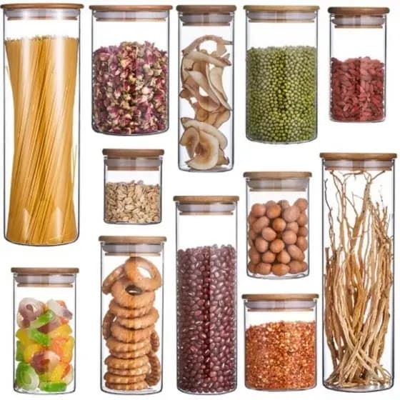 Pote de vidro tempero tampa de bambu pote hermetico de macarrão Tempero vidro borossilicato cozinha organizada