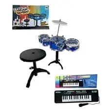 Kit Musical Teclado Infantil + Mini Bateria Com Banquinho