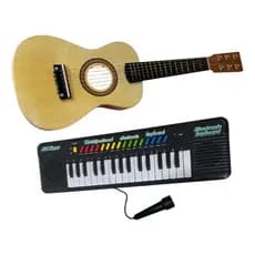 Kit Piano Teclado Musical + Mini Violão Infantil De Madeira