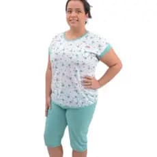 Pijama Pescador Manga Japonesa de Malha Estampado Feminino Adulto Meia Estação Qualidade e Conforto