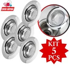 Kit 5 Peças Ralo Ralinho Ralo Japonês  11,4 cm Inox  Para Pia Cuba Cozinha Válvula Americana Borda Larga Universal