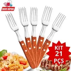Kit Conjunto 21 Garfos cabo de Madeira e Inox   Cozinha Restaurante Promoção