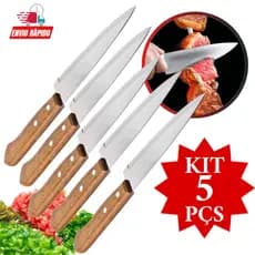 Kit Conjunto 5 Peças Faca de Inox com Cabo de Madeira 7 Polegadas Promoção