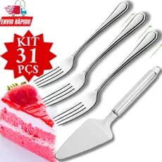 Kit Conjunto 30 Peças Garfos Garfinhos para Sobremesa + 1 Espátula para Bolo Inox