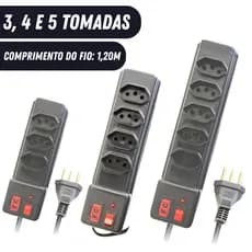 Filtro de Linha Bivolt 3, 4 e 5 Tomadas com Fusível - Cabo 1,20m | Extensão Régua Elétrica