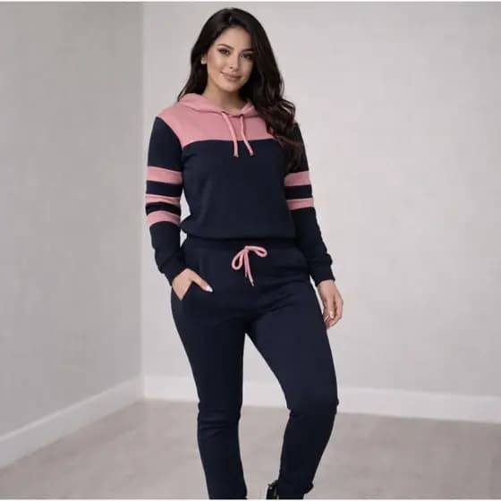 Conjunto Agasalho Feminino Malha Crepe Calca e Blusa Manga Longa Com Touca Capuz