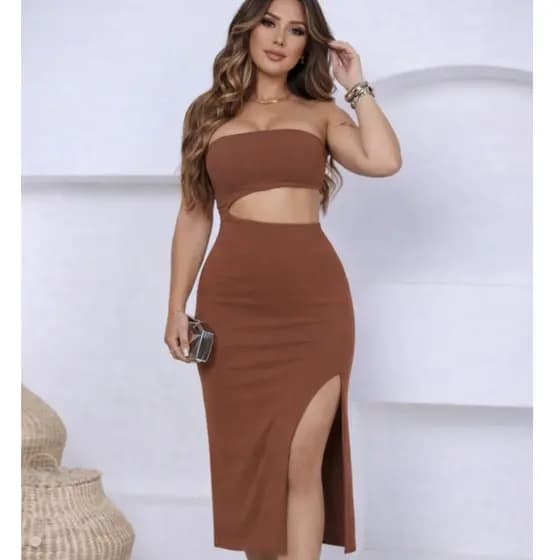 Vestido Feminino Grécia Canelado Premium Tomara que Caia Fenda na Lateral