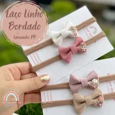 Laço Linho Bordado - Lacinho para Bebê Linho Bordado - Laço PP Linho Bordado - Laço Recém Nascida Linho Bordado