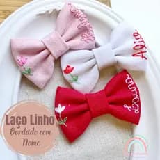 Laço Linho Personalizado Com Nome - Laço Bordado Artesanal - Laço Linho bordado - Laço Bordado Nome - Laço bebê bordado