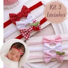 Kit Laço Bebê Cerejinha - Kit Laços Bebê Cerejinha 3 Unidades - Laço Cerejinha Vermelho - Laço Cerejinha Rosa