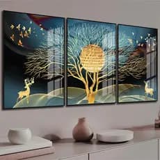 Kit 3 Quadros Decorativos Árvore da Vida Dourada Luxo Sala Quarto Moderno