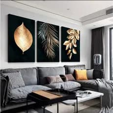 Kit 3 Quadros Decorativos Folhas Douradas Luxo Moderno Sala Quarto Elegante