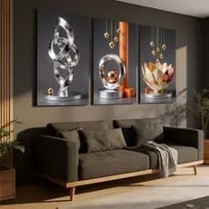 Kit 3 Quadros Decorativos Abstrato Luxo Moderno Dourado Sala Escritório