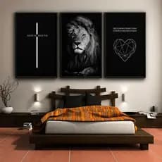 Kit 3 Quadros Jesus Cristo Leão Deus é Bom Fé Religioso Preto Branco