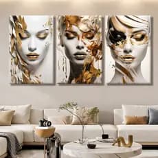 Kit 3 Quadros Decorativos Rosto Feminino Dourado Abstrato Luxo Moderno