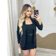 Conjunto Social Feminino 3 Peças Blazer + cropped + short saia com detalhes Trijunto