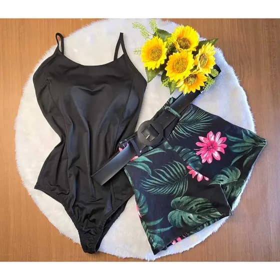 Conjunto Feminino Body com Bojo + Short com cinto Moda Boutique Conjuntinho Luxo