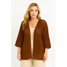 kimono feminino tricô modal crochê furado tendência 2025