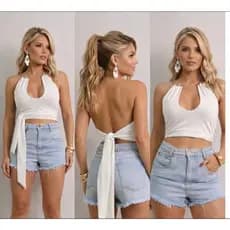 Top Cropped Argola Feminino Detalho no Pescoço Moda Gringa