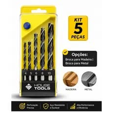 Kit Brocas 5 Peças House Tools Para Madeira ou Metal 4 5 6 8 10mm Furadeira