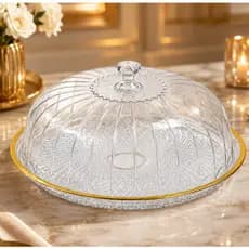 Boleira Redonda 30 cm Com Tampa Plástica Porta Bolo Doces Tortas Mesa Dourada