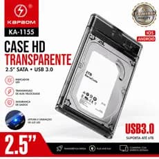 Case HD Externo 2.5 USB 3.0 Kapbom KA-1155 Transparente para HD SSD SATA até 6TB Plug Play