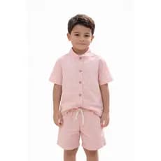 CONJUNTO INFANTIL DE MENINO GOLA PADRE EM LINHO CONJUNTO BLUSA E SHORT